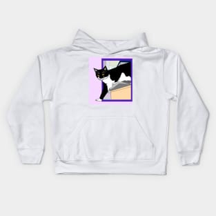 Cute Tuxedo Cat up high. Stepping outside the box Copyright by TeAnne Kids Hoodie